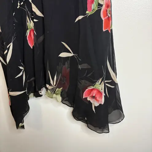 Coldwater Creek Black Floral Flutter Sleeve Midi Dress Size 14 Silk