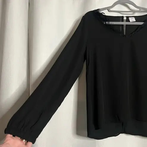 Melrose and Market Black Semi Sheer Long Sleeve Lace Trim Blouse Small