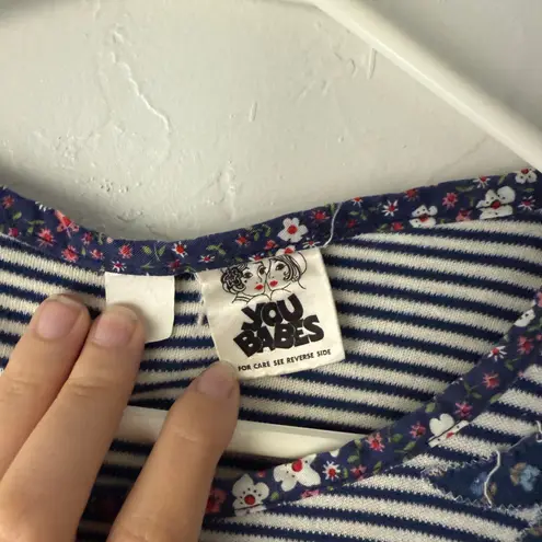 Vintage 70s You Babes Striped Cotton Tee M Floral Bow Appliqué USA Cottagecore Blue Size M