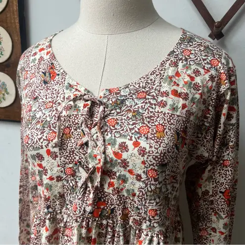 Vintage 90s Patchwork Floral Babydoll Dress Small Tan