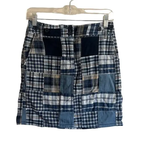 Ann Taylor  LOFT Madras Plaid Blue Navy Patchwork Mini Skirt Women's sz 0