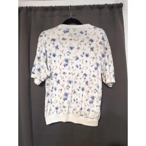 Coral Bay White Blue Floral Print Button Front Cardigan, Women's Large Sweater