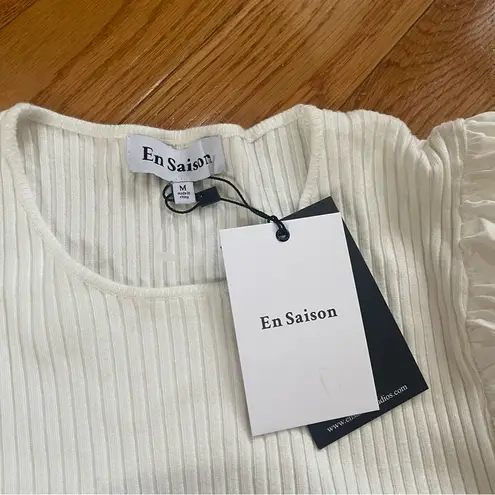 En Saison White Puff Sleeve Ribbed Knit Top Cotton modern Sz Large