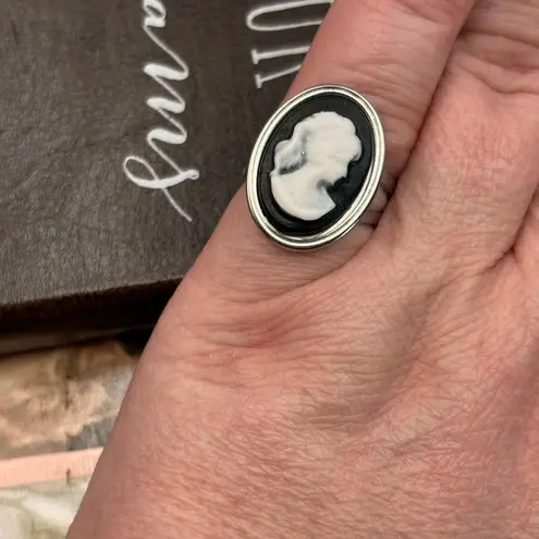 Handmade Black White Cameo Ring Victorian Stainless Steel Adjustable