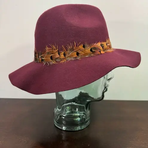 American Eagle  100%  Wool Felted Burgundy Boho Floppy Hat Feathers Indie Chic OS