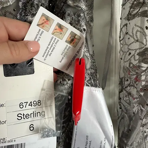 Mac Duggal Floral Embroidered Illusion Long Sleeve Gown Gray Sterling NWT