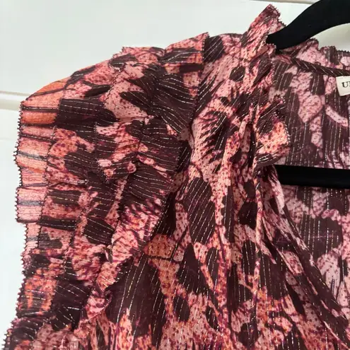 Ulla Johnson Dira Top Bordeaux Metallic Ruffle Size 6 Flutter Sleeve Tassel Tie