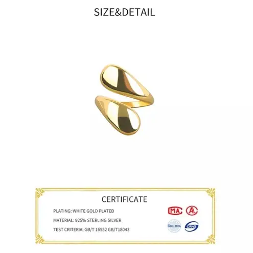 Boutique NEW Yellow Gold S925 Water Drop Open‎ Wrap Band Ring, Adjustable