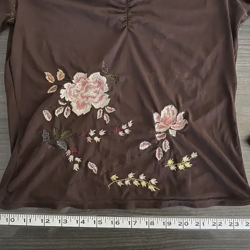 Newport News Vintage 90s Y2K Dainty Fairy Mesh Top Brown Embroidered Flowers Long Sleeve M***