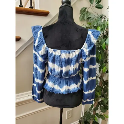 True Craft  Women Blue & White Cotton Square Neck Long Sleeve Top Blouse Size XS