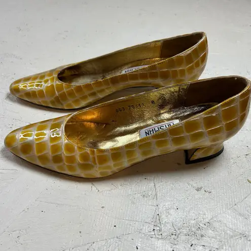 Timothy Hitsman Gold Crocodile Embossed Pointed Toe Heels Women's Size 8