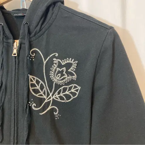 Y2K New York and Company Embroidered Floral Beaded Full Zip Hooded Sweatshirt Black Size L