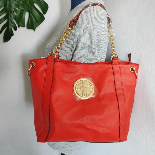 Red with Gold Chain Tote Shoulder Bag Purse