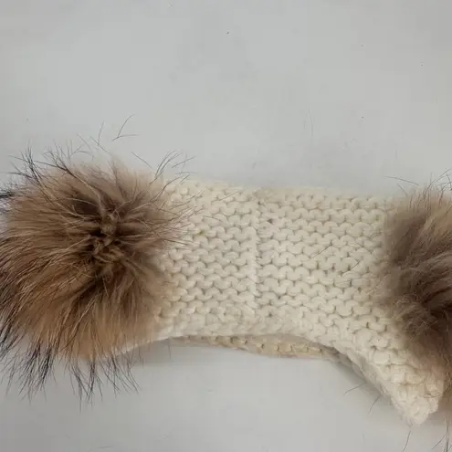 Linda Richards NEW YORK Cream Knit Ear Warmer Headband Genuine Fur Pom Poms Brown