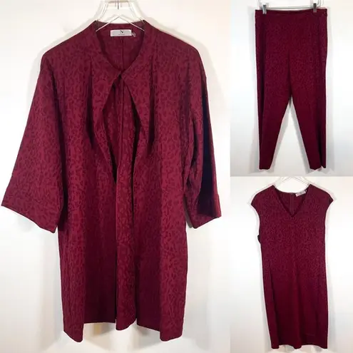 Natori 3pc  Burgundy Red Duster Jacket, Dress, Pant Mix Match Outfit size 12