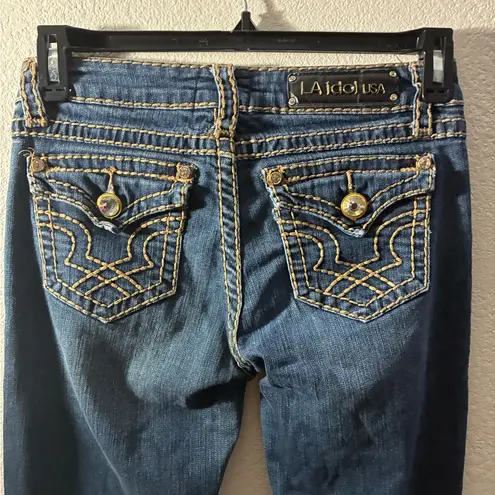 L.A. Idol Bootcut Rhinestones Accent Contrast Stitches Dark Wash Flap Pockets 7 Blue Size undefined