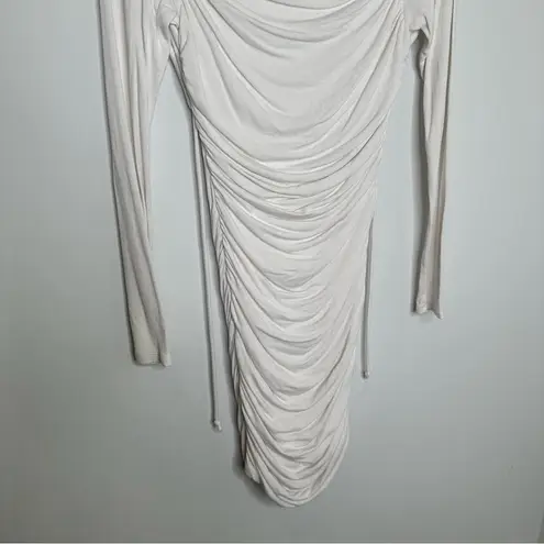 Naked Wardrobe Ruched Long Sleeve Open Back Mini Dress in Cream