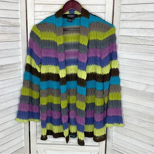 Peck & Peck Striped Crochet Open Front Cardigan Sweater 6 Gray Multi