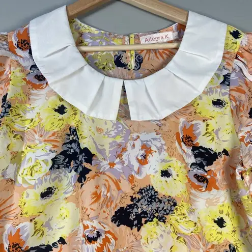 Allegra K Floral Cap Sleeve Ruffle Peter Pan Collar Top Blouse Size L Cottage