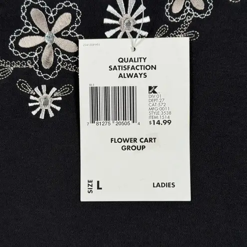 Jaclyn Smith Sport Top L Black Embroidered Floral Modest Elegant Chic Vintage Size L