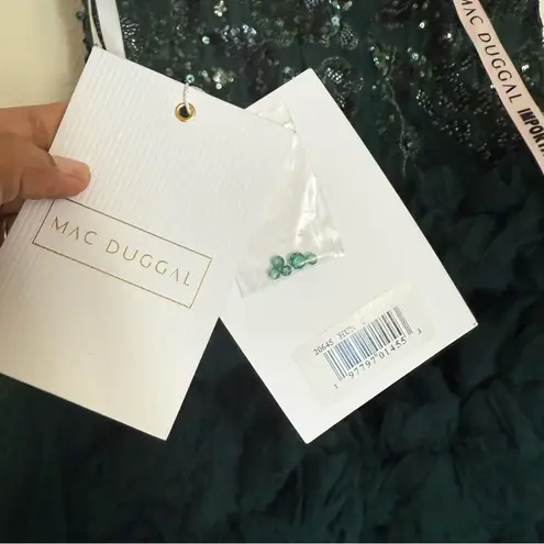 Mac Duggal Green Thin Strap Beaded Bodice Tiered Tulle Dress