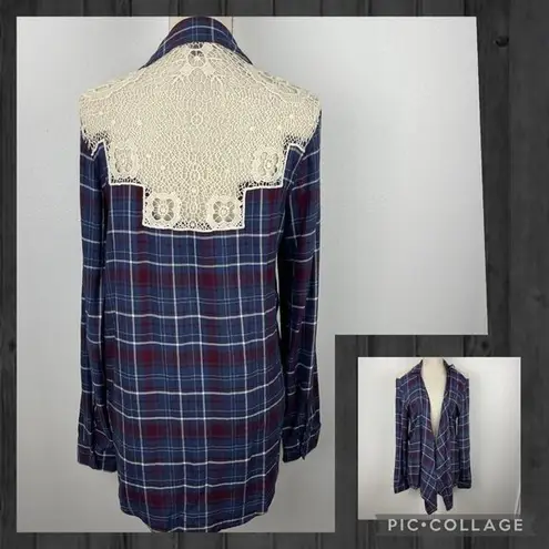 Vanity Flannel Open Front Shirt Size M Purple Plaid Womens Lace Boho Western Top Size M