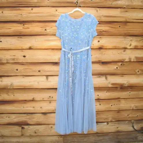 Mac Duggal 14521 Blue Floral Embellished Short Sleeve Mesh Gown Dress