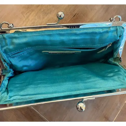 Elliot Lucca LeatherTeal Clutch Purse Handbag Kiss Lock Chain Charms
