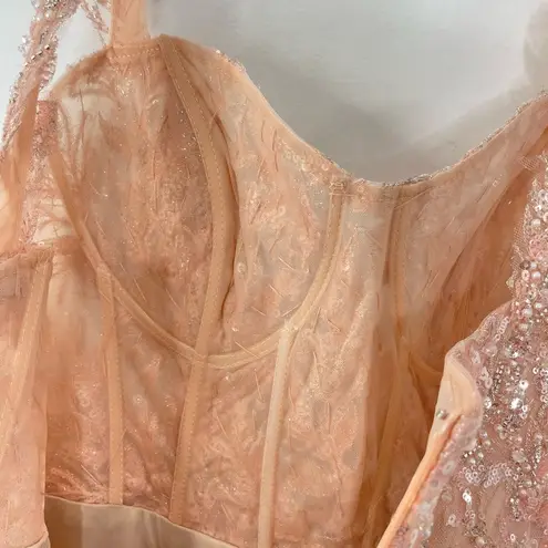 Mac Duggal 20559 Corset Bodice Floral Lace Embellished Gown, Pink, Plus Size 14