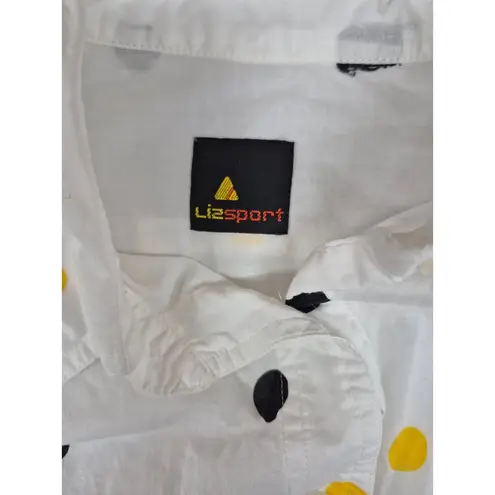 Liz Sport 80s Vtg White Cotton Blouse Black/Yellow Polka Dots Secretary
