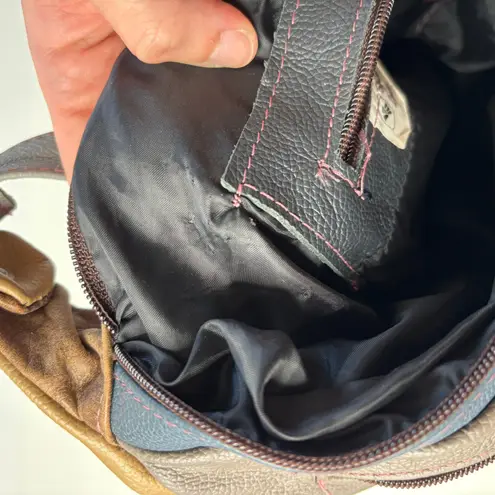 VTG Genuine Leather Colorblock Crossbody Bag Patchwork Purse Retro Boho Brown