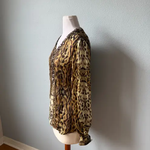 Oscar de la Renta Animal Print Silk Chiffon Blouse Jewels