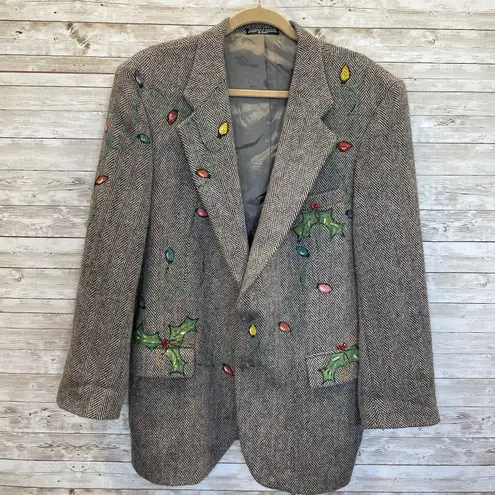 Vintage One Of A Kind Christmas Womens XXL Wool Coat Hand Painted Rudolf Lights Gray