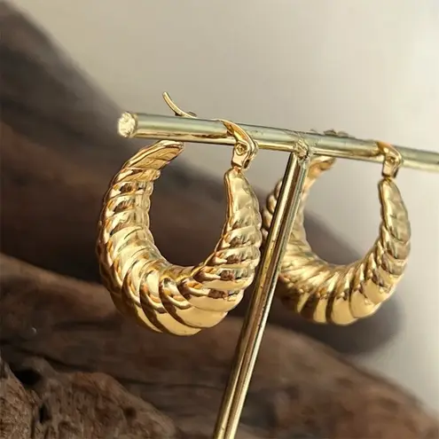 Gold Plated Twisted Creole Chunky Hoop Earrings Stainless Steel Womens Jewelry