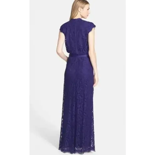 Tadashi Shoji Cap Sleeve Lined Ribbon Tie Sash Lace Long Gown Blue Womens Size 6