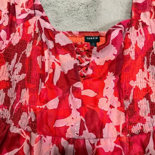 Torrid  Midi Cotton Clip Dot Lace Up Smocked Dress Shady Rose Size 1X Boho‎ Relax