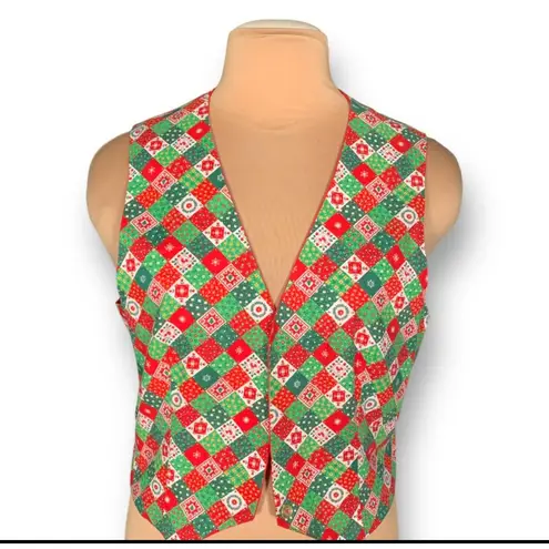 Vintage Patchwork Christmas Vest Red Green Holiday Party Festive Topper Cottage Size M