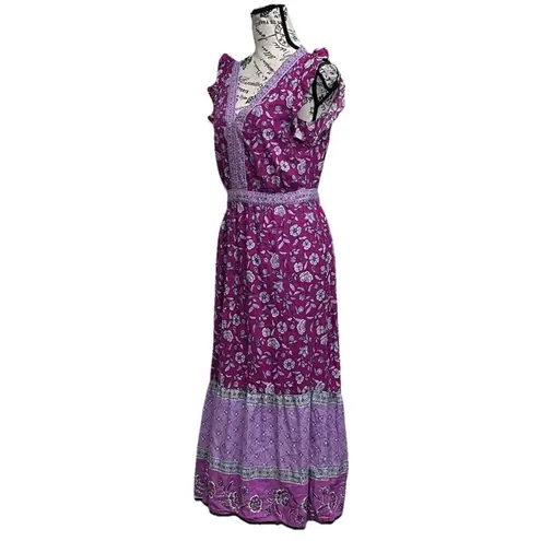 Loft Ruffle Border Midi Dress 2 Purple Paisley Boho Peasant Cottegecore Resort