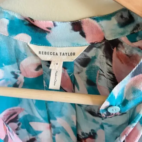 Rebecca Taylor Blue Aloha Teal Pink Floral 100% Silk Top Women Size 4 Cap Sleeve