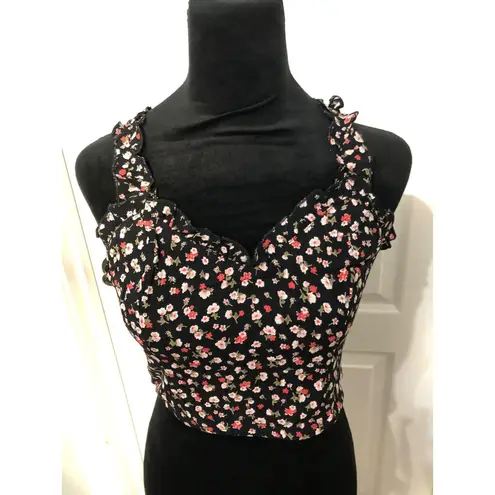 Bo+G Collective Black Floral Smocked Crop Top Size M Polyester & Viscose NWT Red Size M