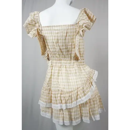 MABLE Gingham Plaid Checkered PeasantRuffle Sleeve Dress Womans Medium White