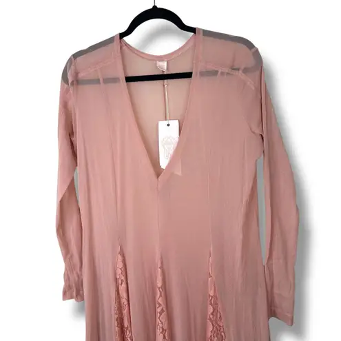We Are HAH (Hot As Hell) Mama C Long Sleeve Copper Rose Sheer Lace Maxi Dress Pink Size M