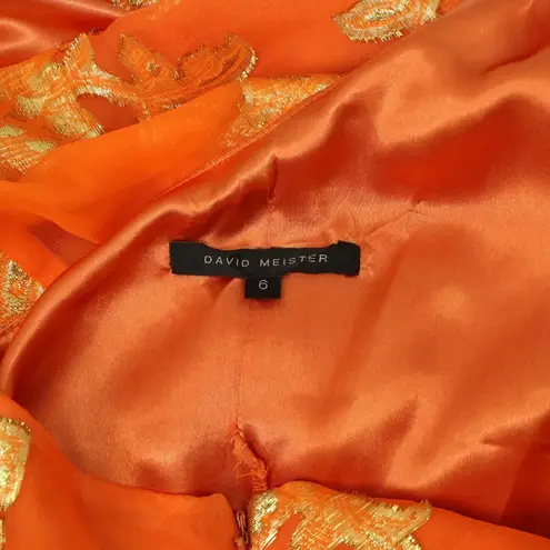 David Meister Silk Metallic Foiled Floral One Shoulder Orange Party Dress 6