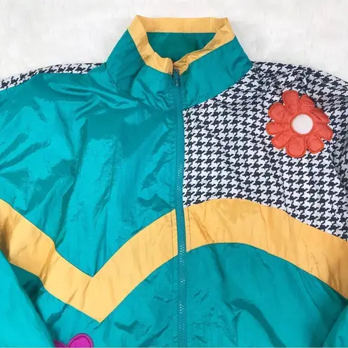 London Fog VINTAGE 80s 90s Color Block Windbreaker Jacket Teal Floral Size Large