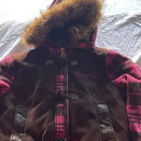 COOGI Vintage Women’s XL Plaid Wool Blend Hooded Full Zip Jacket Pink Brown Y2K