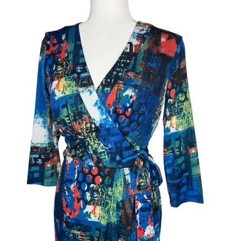 Oleg Cassini Faux Wrap Dress 4 Side Tie V-Neck Colorful Abstract Artsy Stretchy - Image 4