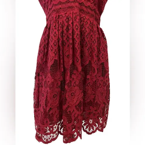 Black Swan NEW Lulus Brandi Wine Red Lace Surplice Skater Dress