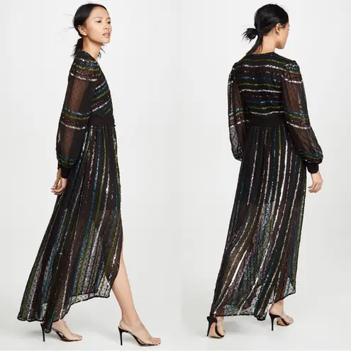 Rococo Sand • Sequin Striped Gown black chiffon rainbow swiss dot balloon sleeve Size XS