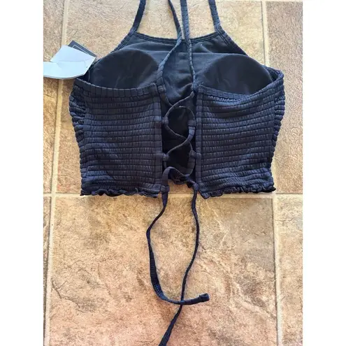 Macy's Salt + Cove Seersucker Lace-Up Tankini Top Black Size Medium