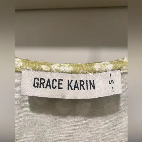 Grace Karin Lime Green & White Floral Print Fitted Midi Dress - S